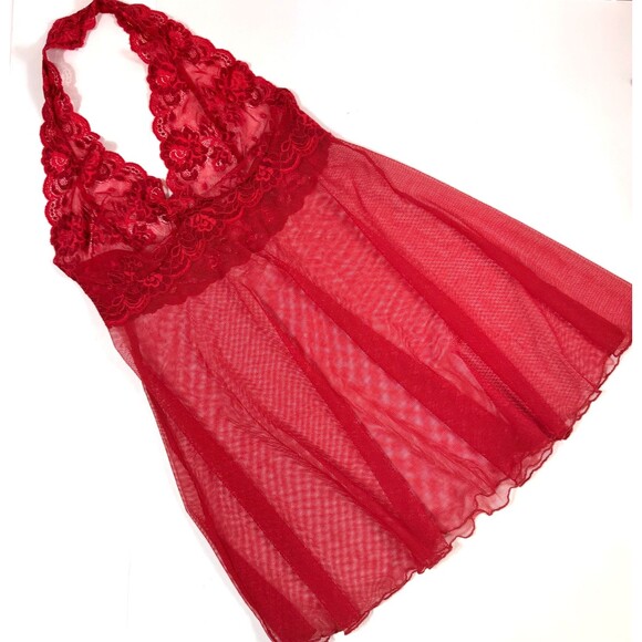 Victoria's Secret Red Lace Halter Mesh Babydoll Chemise Sz Small Sheer 2006 Y2K - Picture 1 of 9